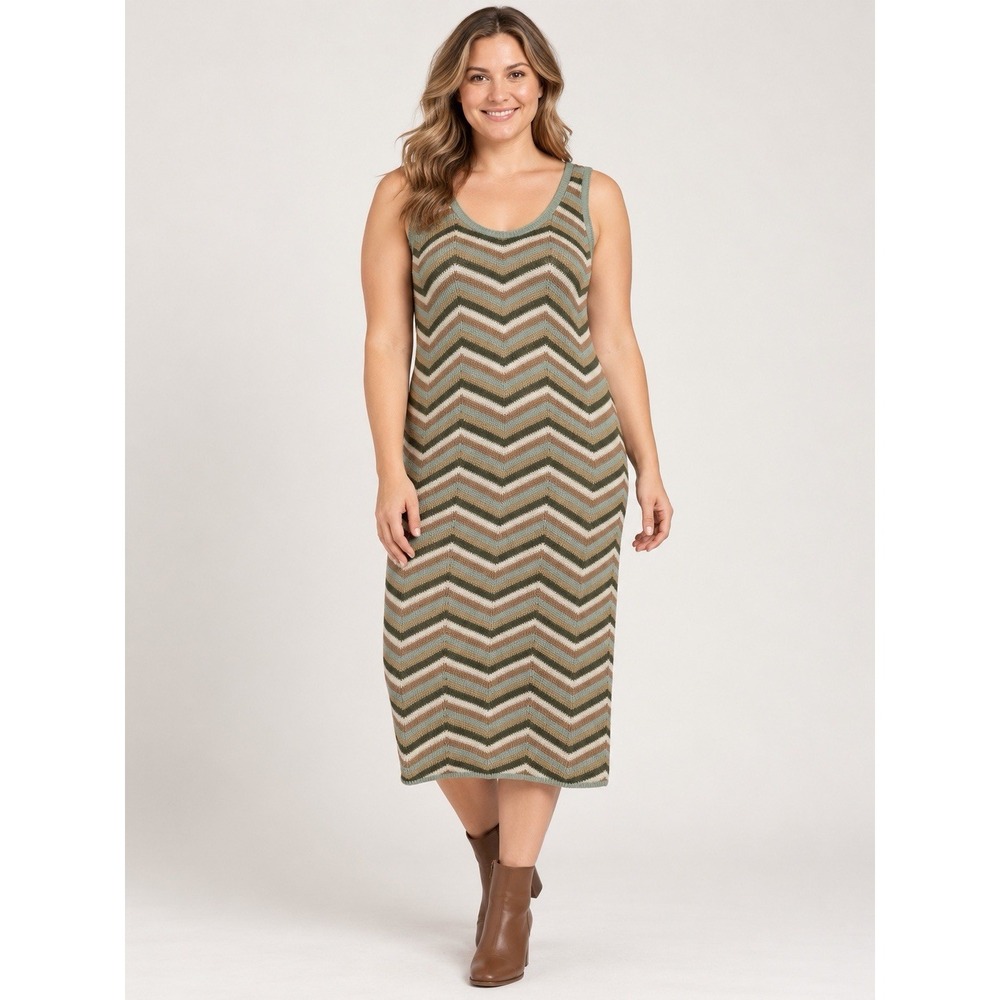 Cato Women's Large Chevron Striped Knit Sleeveless Midi Dress Boho Granola